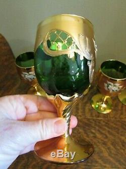 (5) Vintage Czech Bohemian Green Wine Glasses with Gold Gilt & Enameled Flowers