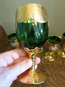 (5) Vintage Czech Bohemian Green Wine Glasses with Gold Gilt & Enameled Flowers
