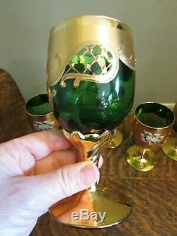 (5) Vintage Czech Bohemian Green Wine Glasses with Gold Gilt & Enameled Flowers