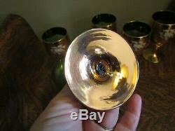 (5) Vintage Czech Bohemian Green Wine Glasses with Gold Gilt & Enameled Flowers