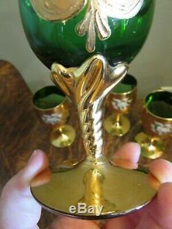 (5) Vintage Czech Bohemian Green Wine Glasses with Gold Gilt & Enameled Flowers