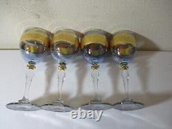 5 Vintage Czech Bohemian Stem Wine Glasses Purple Alexandrite & Gold Crystal