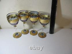 5 Vintage Czech Bohemian Stem Wine Glasses Purple Alexandrite & Gold Crystal