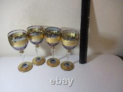 5 Vintage Czech Bohemian Stem Wine Glasses Purple Alexandrite & Gold Crystal