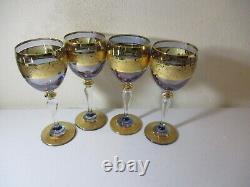 5 Vintage Czech Bohemian Stem Wine Glasses Purple Alexandrite & Gold Crystal