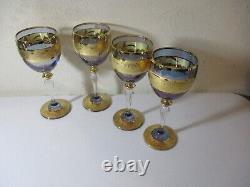 5 Vintage Czech Bohemian Stem Wine Glasses Purple Alexandrite & Gold Crystal