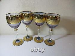 5 Vintage Czech Bohemian Stem Wine Glasses Purple Alexandrite & Gold Crystal