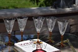 5 Vintage Etched CRYSTAL Wine Glasses with Amber Stem- Foot, Tiffin Franciscan