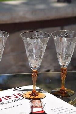 5 Vintage Etched CRYSTAL Wine Glasses with Amber Stem- Foot, Tiffin Franciscan