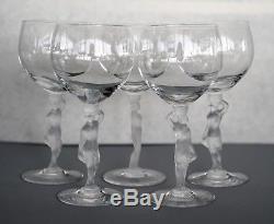 5 Vintage French Bayel Art Glass Wine Goblets Crystal Satin Nude Bacchus Stem