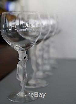 5 Vintage French Bayel Art Glass Wine Goblets Crystal Satin Nude Bacchus Stem