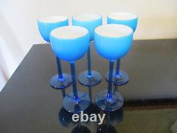 5 Vintage MCM Carlo Moretti Murano Italy Blue&White Cased Glass 6.5 Wine Goblets