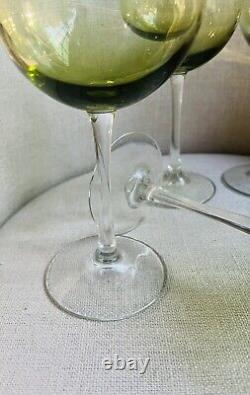 5 Vintage Olive Green Wine Crystal Long Stem Impressive 9 Tall Goblets ELEGANT