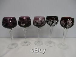 5 Vintage Purple & Ruby Bohemian Cut To Clear Wine Hock Glasses 8 8 1/4