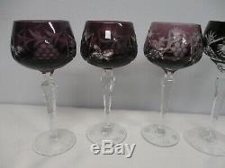 5 Vintage Purple & Ruby Bohemian Cut To Clear Wine Hock Glasses 8 8 1/4