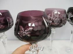 5 Vintage Purple & Ruby Bohemian Cut To Clear Wine Hock Glasses 8 8 1/4