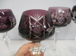 5 Vintage Purple & Ruby Bohemian Cut To Clear Wine Hock Glasses 8 8 1/4