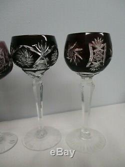 5 Vintage Purple & Ruby Bohemian Cut To Clear Wine Hock Glasses 8 8 1/4