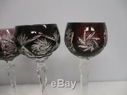 5 Vintage Purple & Ruby Bohemian Cut To Clear Wine Hock Glasses 8 8 1/4