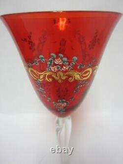 5 Vintage Red Venetian Hand Painted Wine Glasses Colonial Ladies & Gentlemen