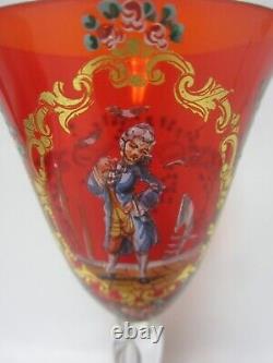 5 Vintage Red Venetian Hand Painted Wine Glasses Colonial Ladies & Gentlemen