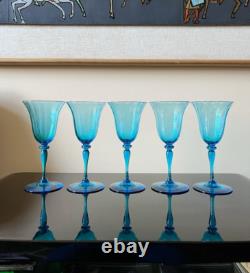 5 Vintage Steuben Celeste Blue Water Wine Goblets Optic 1920s Art Deco Dare