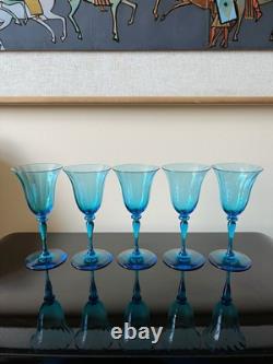 5 Vintage Steuben Celeste Blue Water Wine Goblets Optic 1920s Art Deco Dare