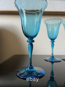 5 Vintage Steuben Celeste Blue Water Wine Goblets Optic 1920s Art Deco Dare