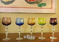 5 Vtg Bohemian Czech Cut To Clear 8.25 Multicolor Wine Hocks Glass Stemware