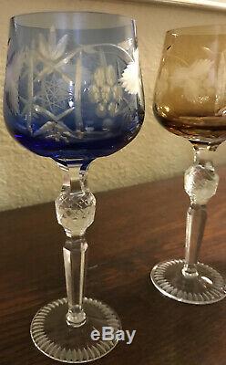 5 Vtg Bohemian Czech Cut To Clear 8.25 Multicolor Wine Hocks Glass Stemware