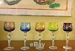 5 Vtg Bohemian Czech Cut To Clear 8.25 Multicolor Wine Hocks Glass Stemware