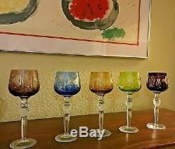 5 Vtg Bohemian Czech Cut To Clear 8.25 Multicolor Wine Hocks Glass Stemware