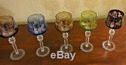 5 Vtg Bohemian Czech Cut To Clear 8.25 Multicolor Wine Hocks Glass Stemware