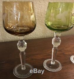 5 Vtg Bohemian Czech Cut To Clear 8.25 Multicolor Wine Hocks Glass Stemware