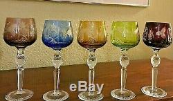 5 Vtg Bohemian Czech Cut To Clear 8.25 Multicolor Wine Hocks Glass Stemware