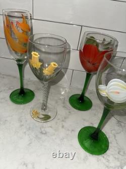 5 Vtg Hand Painted Wine Glass Flute Floral Flower Champagne Summer Garden