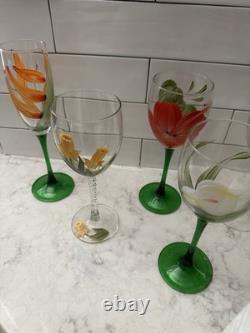5 Vtg Hand Painted Wine Glass Flute Floral Flower Champagne Summer Garden