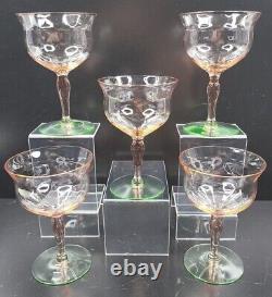 5 Watermelon Pink Green Vaseline Optic 5 3/8 Wine Glass Set Vintage Barware Lot