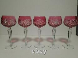 (5) Wine Hock Glasses Cranberry Red cut to Clear Crystal Bohemian vtg Germany
