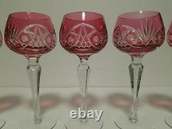 (5) Wine Hock Glasses Cranberry Red cut to Clear Crystal Bohemian vtg Germany