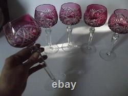 (5) Wine Hock Glasses Cranberry Red cut to Clear Crystal Bohemian vtg Germany