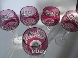 (5) Wine Hock Glasses Cranberry Red cut to Clear Crystal Bohemian vtg Germany