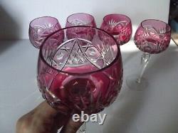 (5) Wine Hock Glasses Cranberry Red cut to Clear Crystal Bohemian vtg Germany