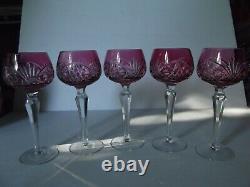 (5) Wine Hock Glasses Cranberry Red cut to Clear Crystal Bohemian vtg Germany