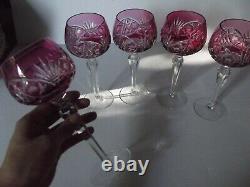 (5) Wine Hock Glasses Cranberry Red cut to Clear Crystal Bohemian vtg Germany