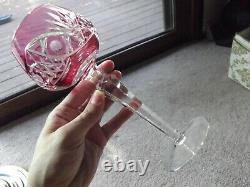 (5) Wine Hock Glasses Cranberry Red cut to Clear Crystal Bohemian vtg Germany