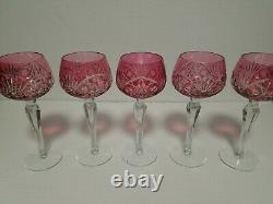 (5) Wine Hock Glasses Cranberry Red cut to Clear Crystal Bohemian vtg Germany