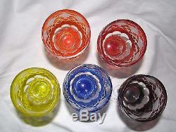 5 rainbow color wine goblets CUT TO CLEAR German Bohemian vintage lead crystal