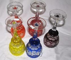 5 rainbow color wine goblets CUT TO CLEAR German Bohemian vintage lead crystal