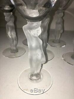 6 Bayel Bacchus Wine Glasses Frosted Male Nude Crystal Stem France Vintage Deco